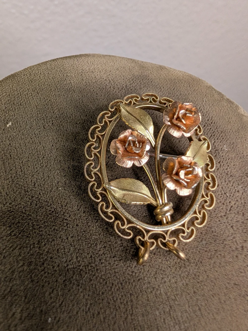 Vintage Krementz Gold and Rose Plated Floral Brooch Pin Stamped